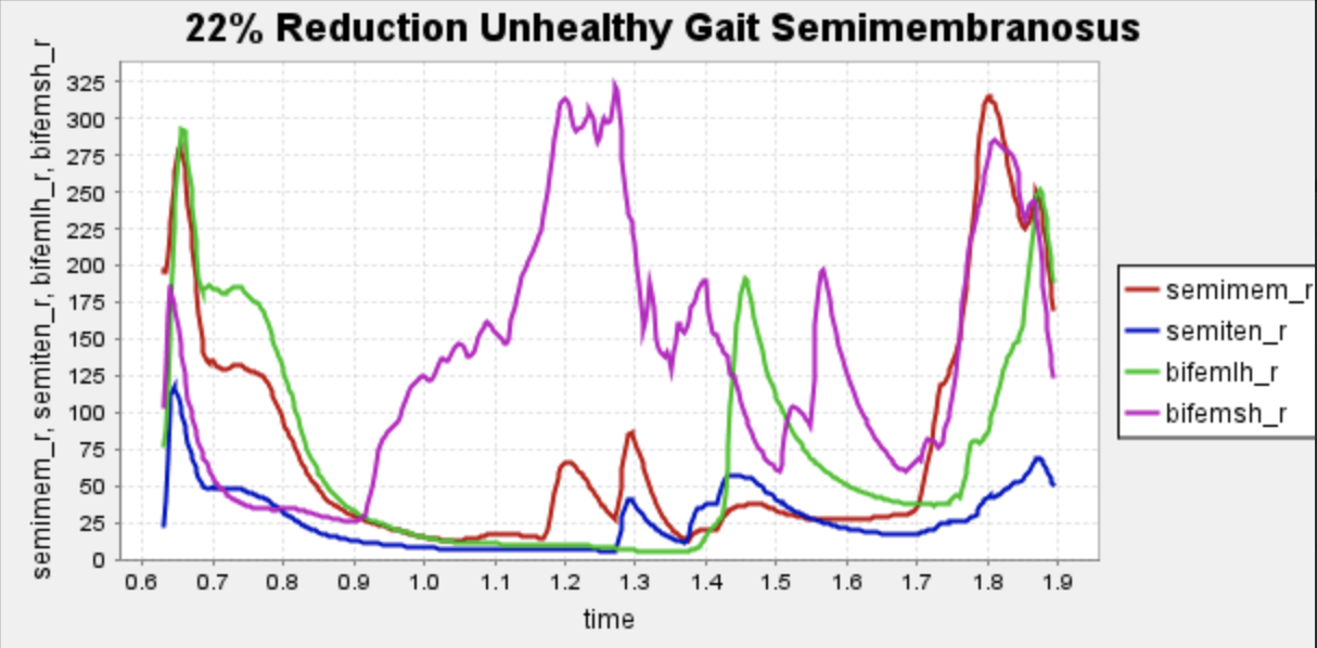 Figure 2: Force contribution of each hamstring muscle during a walking gait with a hamstring strain (22% peak isometric force reduction in semimembranosus)